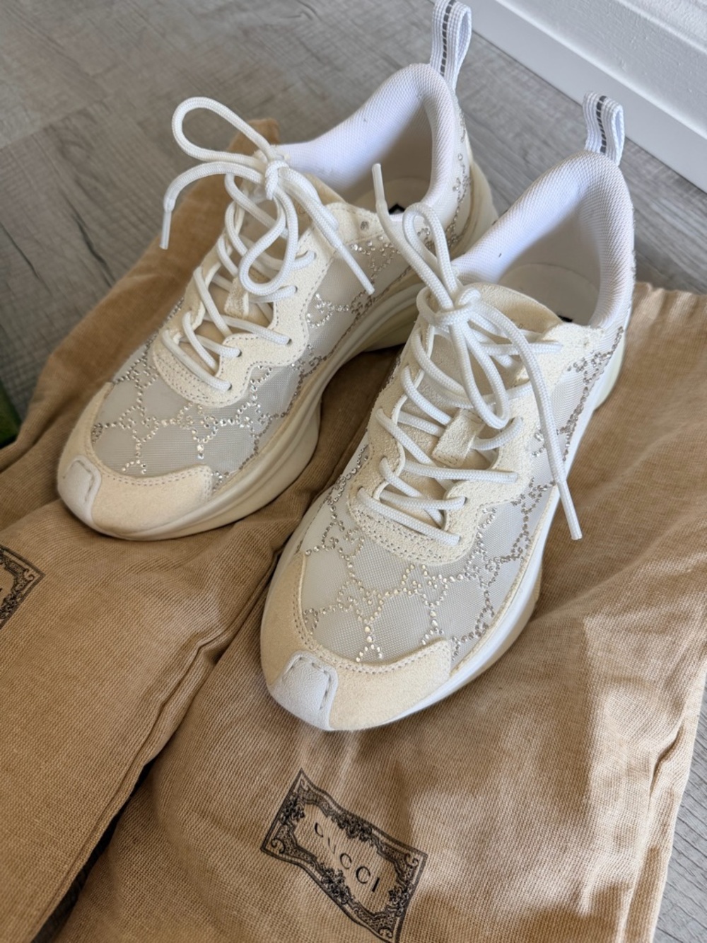 Gucci Women's Chunky Lace-Up GG Crystal Embellishment Rhinestone Sneakers - Picture 2 of 7